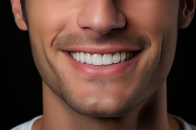 Handsome man smiling with straight, perfect teeth from Invisalign clear aligners in Adelaide; alternative to braces for cosmetic dental teeth straightening.
